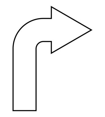 Sağ, siyah ve beyaz vektör siluetini gösteren ok kıvrımlı ok şekli sembolü, beyaz arkaplanda izole