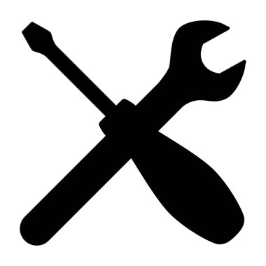 İngiliz anahtarı ve tornavida, çapraz el aletleri siluet şekli, siyah ve beyaz vektör çizimi, beyaz arkaplanda izole edilmiş.