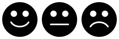 emoticon simgesi seti, üç emoji - mutlu, üzgün ve nötr, gülen yüzün sembolü, beyaz arkaplanda izole edilmiş siyah ve beyaz vektör çizimi