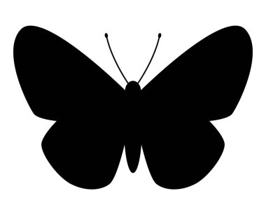 Kelebek silueti şekli, beyaz arka planda izole edilmiş, açık kanatlı bir kelebeğin siyah ve beyaz vektör çizimi