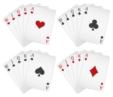 İskambil kağıtları - Kraliyet floş sopalarından oluşan bir poker eli kupa 10 J Q K A elması, beyaz arkaplanda izole edilmiş vektör illüstrasyonu