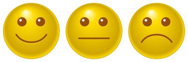 İkon simgesi seti, üç emoji - mutlu, üzgün ve nötr, gülen yüzün sembolü, beyaz arkaplanda izole edilmiş renk vektör çizimi