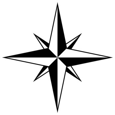 Pusula gül sembolü, siyah-beyaz vektör yıldız şekli dört ana yön, beyaz arkaplan