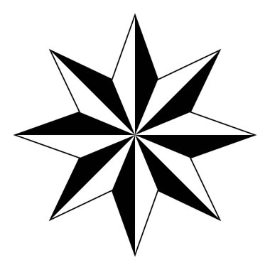 Yıldız şekli sembolü, beyaz arkaplanda izole edilmiş sekiz yıldızın siyah ve beyaz vektör çizimi