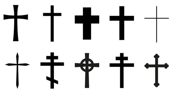 Христианский крест, черно-белый векторный силуэт, иллюстрация формы религиозного креста, изолированный на белом фоне, набор икон