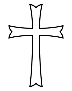 Hıristiyan haçı, siyah ve beyaz vektör silueti, beyaz arka planda izole edilmiş, Latin haç şeklindeki dini çizimler.