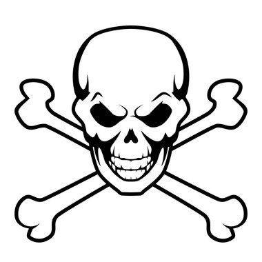 kafatası ve çapraz kemikler, siyah ve beyaz vektör dövme çizimi çapraz kemikli insan kafatası, beyaz arka planda izole