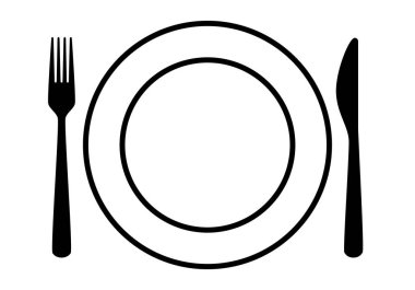 sofra takımı - çatal, bıçak ve plaka siluet şekli, siyah ve beyaz vektör çizimi, beyaz arkaplan