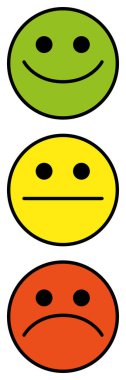 İkon simgesi seti, üç emoji - mutlu, üzgün ve nötr, gülen yüzün sembolü, beyaz arkaplanda izole edilmiş renk vektör çizimi