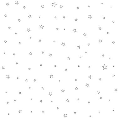 Gece gökyüzü deseni, beyaz üzerindeki yıldızların siyah ve beyaz vektör çizimi, kusursuz tekrarlanabilir doku arkaplanı