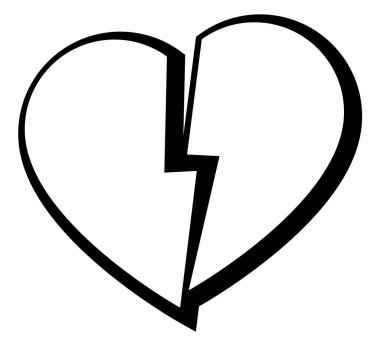 Kırık kalp şekli sembolü, beyaz arka planda yarı izole edilmiş siyah beyaz kalbin vektör silueti çizimi