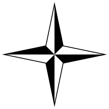 Pusula gül sembolü, siyah-beyaz vektör yıldız şekli dört ana yön, beyaz arkaplan