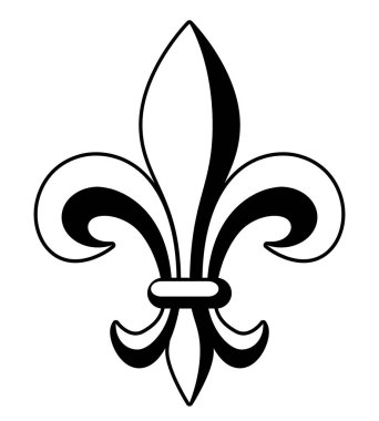 Fleur-de-lis, Lily 'nin siyah-beyaz vektör silüeti. Heraldik yük sembolü Fleur de lys, beyaz arka planda izole edilmiş.