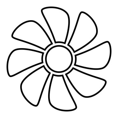 fan siluet şekli, klima ve havalandırma ikonu sembolü, siyah-beyaz vektör çizimi, beyaz arkaplanda izole