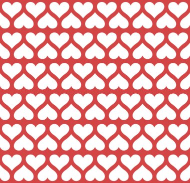 Kalp şekli sembolü - kırmızı, pürüzsüz, tekrarlanabilir desen arkaplanda beyaz kalpler