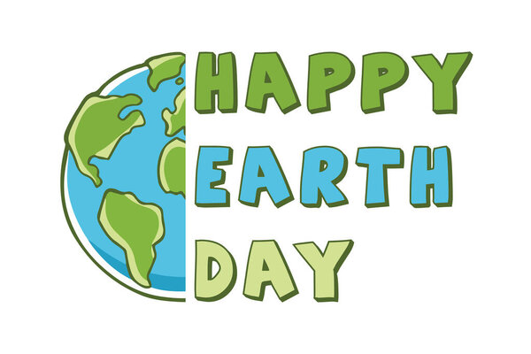 День Земли. Планета Земля на белом фоне с текстом HAPPY EARTH DAY закрыть. Концепция спасения планеты.