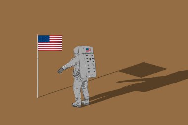 Ay 'da ya da başka bir gezegende Amerikan bayrağı taşıyan astronot..