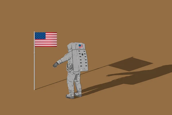 Astronaut with american flag standing on moon or another planet close up.