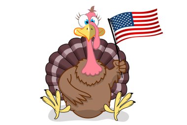 Mutlu Şükran Günleri Beyaz arka planda Amerikan bayrağı tutan bir hindi..