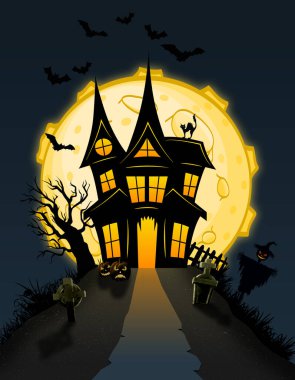 Cadılar Bayramı. Korkunç ev Ay 'ın arka planına yakın..