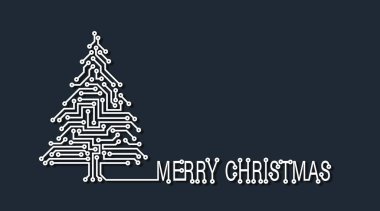Dijital elektronik devreden Noel ağacı kapanıyor. Mutlu noeller. IT şirketlerinin Noel arkaplanı.