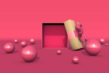 Pembe arka plandaki hediye kutusunu aç. Bir hediyenin 3 boyutlu illüstrasyonuName.