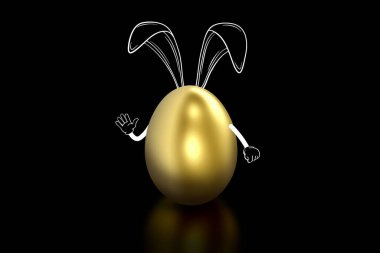 Mutlu Paskalyalar, Tavşan kulaklar ve altın yumurta siyah arka planda yakın plan.