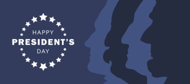 Başkanlar Günü bayrağınız kutlu olsun. Amerika 'da federal tatil. Dört ABD Başkanı Lincoln, Washington, Jefferson, Roosevelt 'in siluetlerinin olduğu pankart