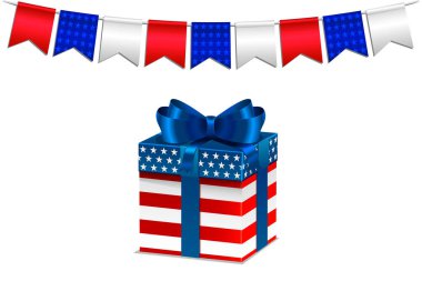 Amerikan bayraklı ve hediye kutulu bir tatil posteri. Vektör Ulusal Tatil Konsepti.