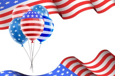 Amerikan bayrakları ve balonları olan bir poster şablonu. Ulusal tatil konsepti. Vektör