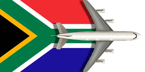 stock vector Flag of SOUTH AFRICA with a plane flying over it. Vector image.