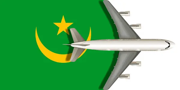 stock vector Flag of MAURITANIA with an airplane flying over it. Vector image.