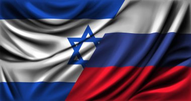 Rusya ve İsrail bayrağı birlikte dalgalanıyor. Vektör illüstrasyonu.