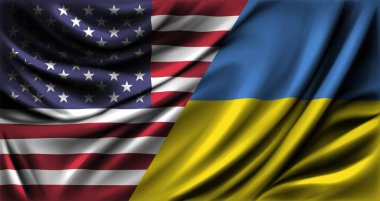 Birleşik Devletler ve Ukrayna bayrakları birlikte dalgalanıyor. Vektör illüstrasyonu.