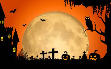 Cadılar Bayramı arka planı ay, baykuş, yarasa, balkabağı, kale ve yaşlı ağaçla.