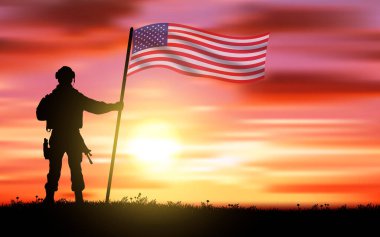 Gün batımının arka planında Amerikan bayrağı taşıyan asker siluetleri. Gaziler Günü için tebrik kartı, Anma Günü, Bağımsızlık Günü. Vektör