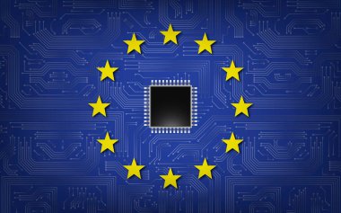 Baskılı devre kartlarından yapılmış Avrupa Birliği bayrağı. Dijital teknolojiler. Vektör.