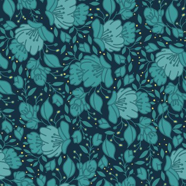 Seamless pattern with hand drawn flowers and leafs. Vector green decorative floral abstract background.