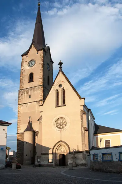 stock image A 15th-century deanery church dedicated to St. Thomas of Canterbury in Mohelnice, Czech Republic, on a lovely summer day