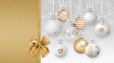 Mutlu Noel dekoratif altın ve beyaz toplar parlak kurdeleler ve parıltılı desenler ile, bulanık ışıklara asılı kar arka planı. Hediye kartı tanıtım afişi şablonu kopyalama alanı.