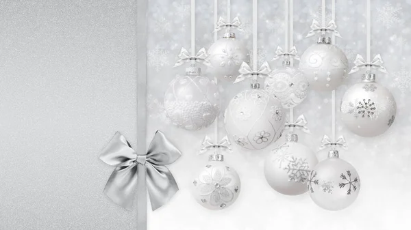 Feliz Navidad Bolas Decorativas Con Cintas Brillantes Plata Arcos Patrones —  Fotos de Stock