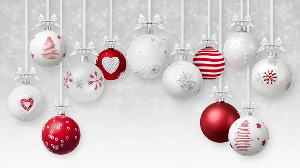Feliz Natal Vermelho Branco Pérola Bolas Decorativas Com Prata Fitas — Fotografia de Stock