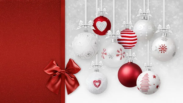 Frohe Weihnachten Dekorative Rote Und Weiße Kugeln Mit Glänzenden Bändern — Stockfoto
