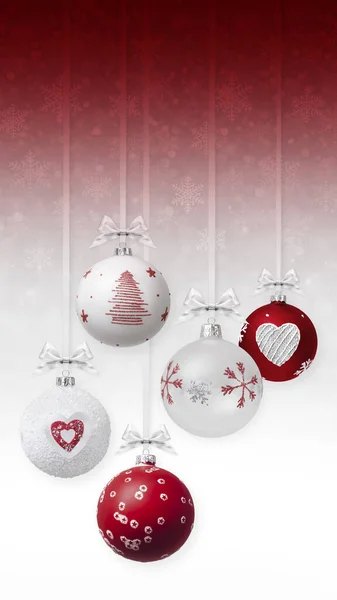 シルバーの光沢のあるリボン弓とキラキラパターンを持つメリークリスマス赤と白の真珠の装飾ボールは ぼやけた光雪の背景にぶら下がっている ギフトグリーティングカード プロモーションバナーテンプレート — ストック写真