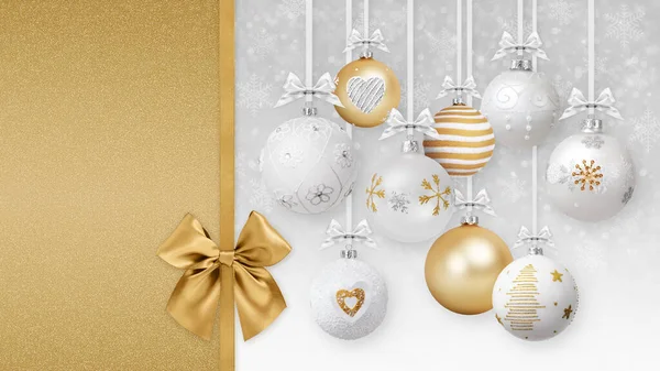 Merry Christmas decorative golden and white balls with shiny ribbons bows and glitter patterns, hanging on blurred lights snow background. Gift greeting card promotional banner template copy space.