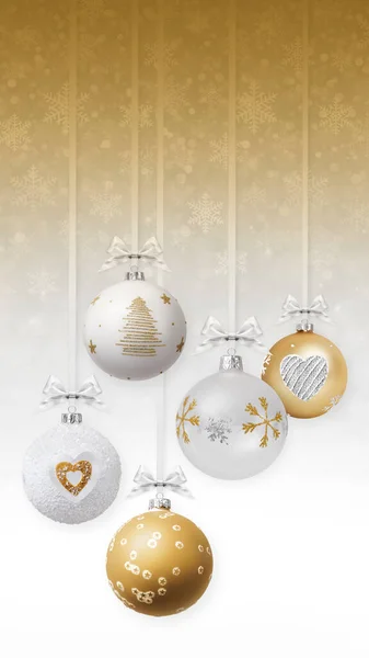 光沢のあるリボン弓とキラキラパターンを持つメリークリスマスの装飾的な黄金と白のボールは ぼやけた光雪の背景にぶら下がっている ギフトグリーティングカードプロモーションバナーテンプレート コピースペース — ストック写真