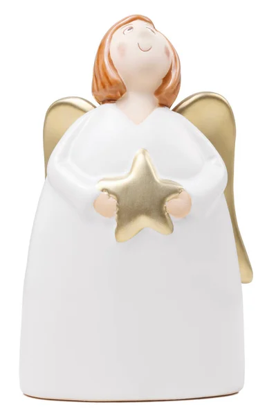 Christmas Angel Golden Wings Star His Hands Isolated White Background Stock Picture