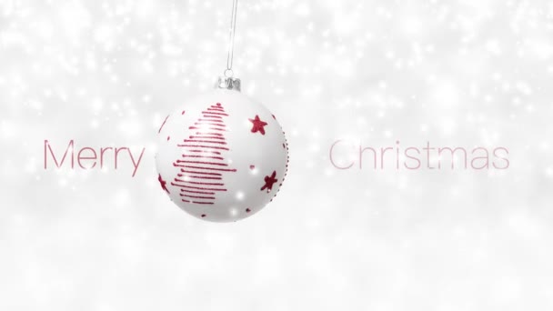 Vrolijke Kersttekst Opknoping Witte Bal Versierd Met Glanzende Rode Boom Rechtenvrije Stockvideo's