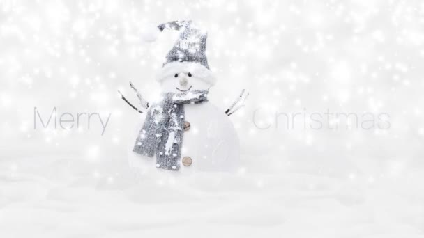 Merry Christmas Text Snowman Isolated Snowing Background White Christmas Concept — Stock Video