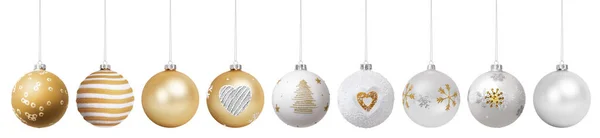 Veselé Vánoce Set Zlaté Závěsné Koule Zdobené Srdcem Strom Sněhová — Stock fotografie